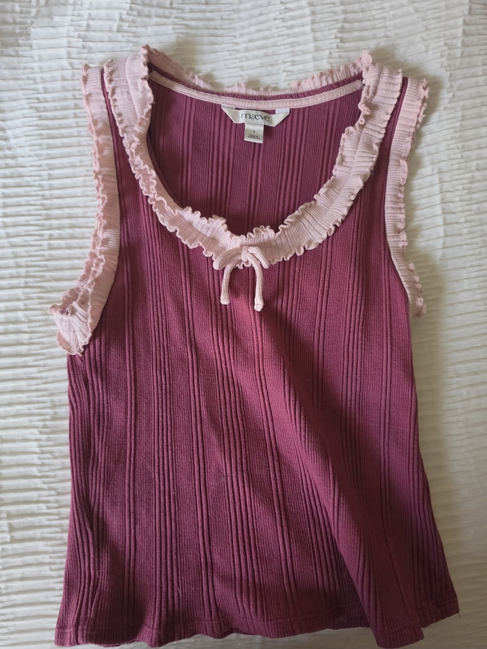 Maeve Ribbed Tank Top in Berry and Light Pink Ruffle Trim